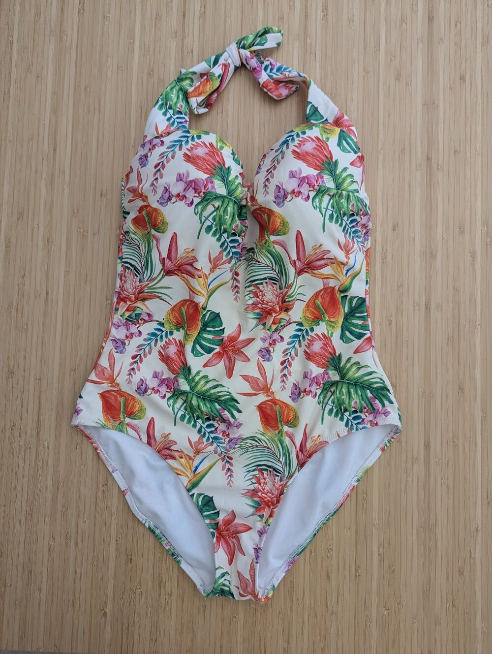 Floral Halter One-Piece Swimsuit - White with Tropical Print